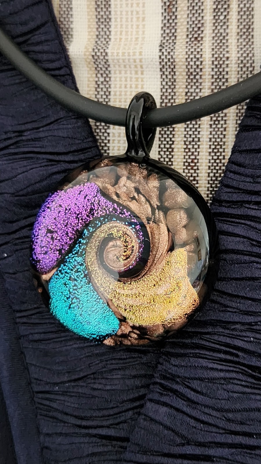 Murano Italy Glass Round Pendant Spiral Multicolor Signed Artisan Necklace
