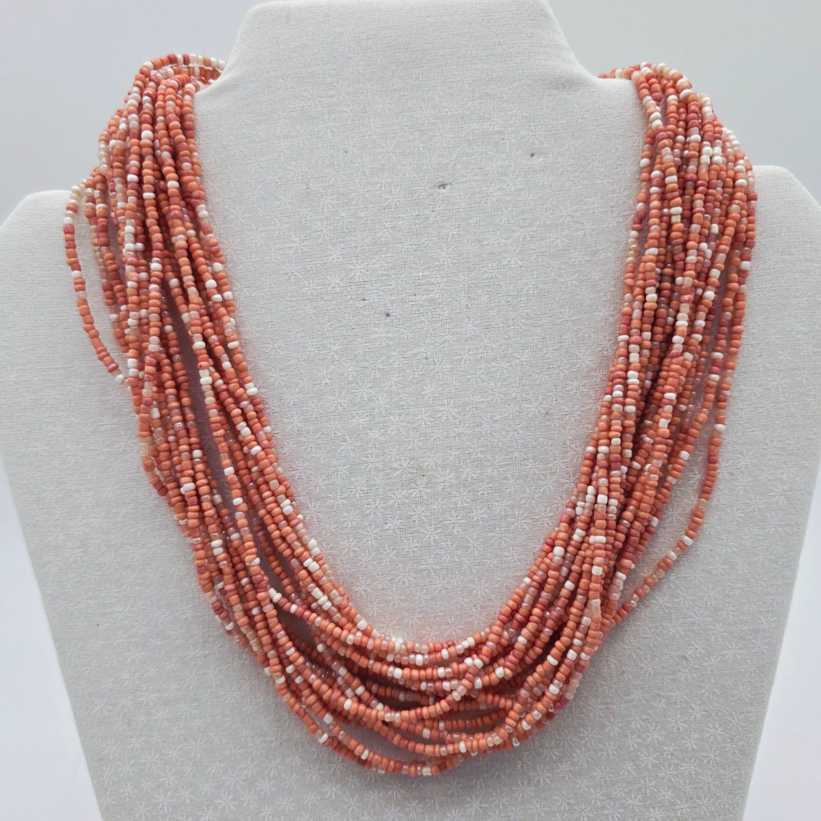 Multistrand Orange & White Seed Bead Necklace Lobster Claw Clasp Bohemian 36″