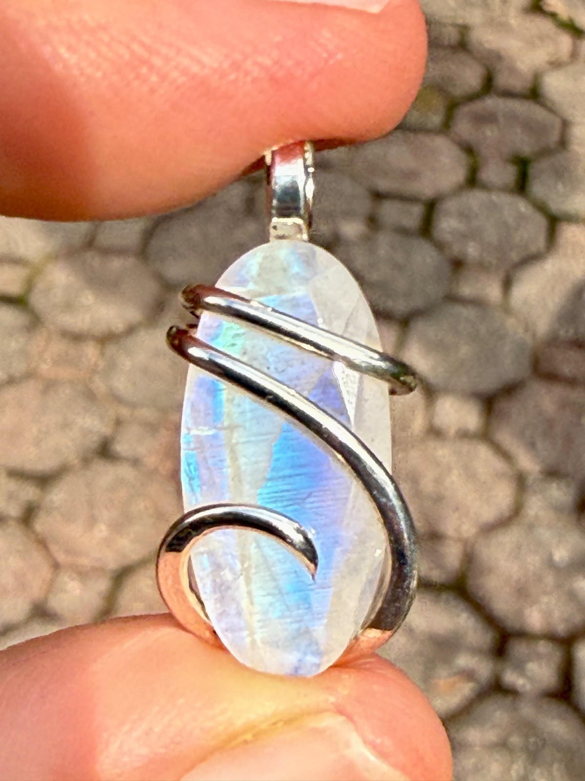15.18ct Moonstone Faceted Rainbow Oval Forged Sterling Silver Pendant Total Wt
