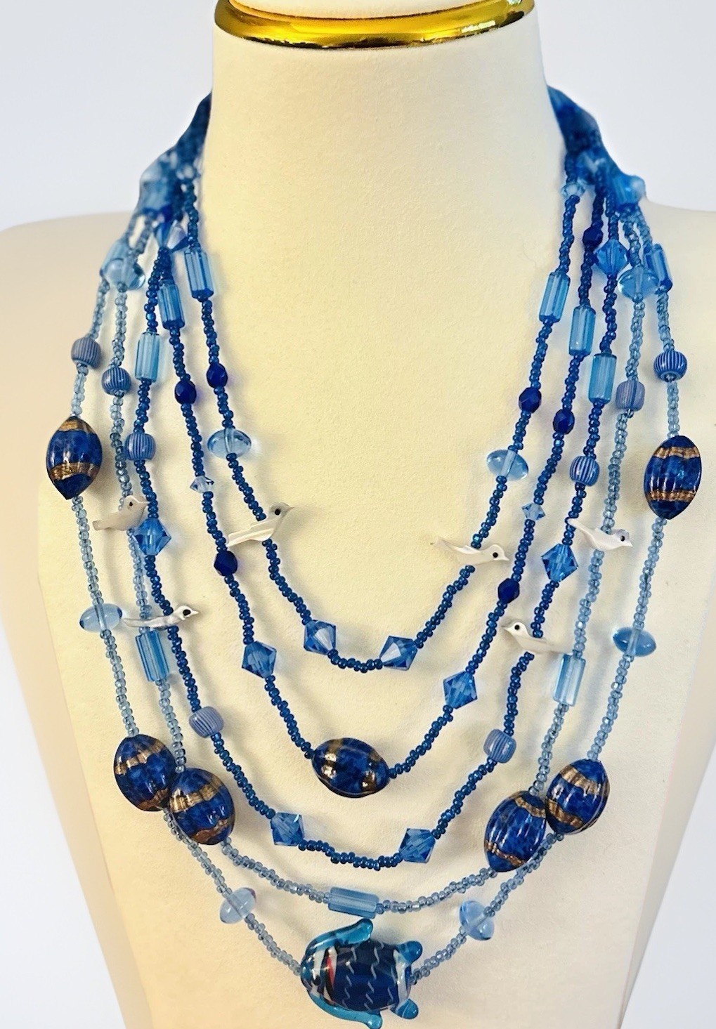 Cobalt Art Glass Bead Vintage Multi Strand Necklace With Bird & Fish Charms 19”