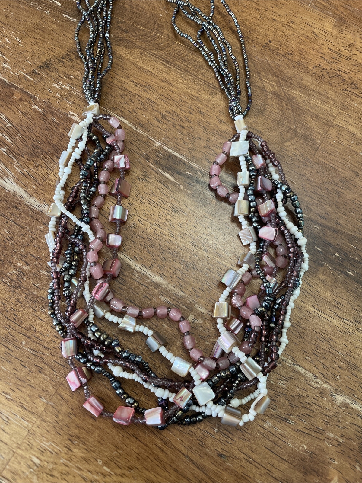 Bead Semi Precious Stone Multi-Strand Necklace, Pink, Black, And Off White