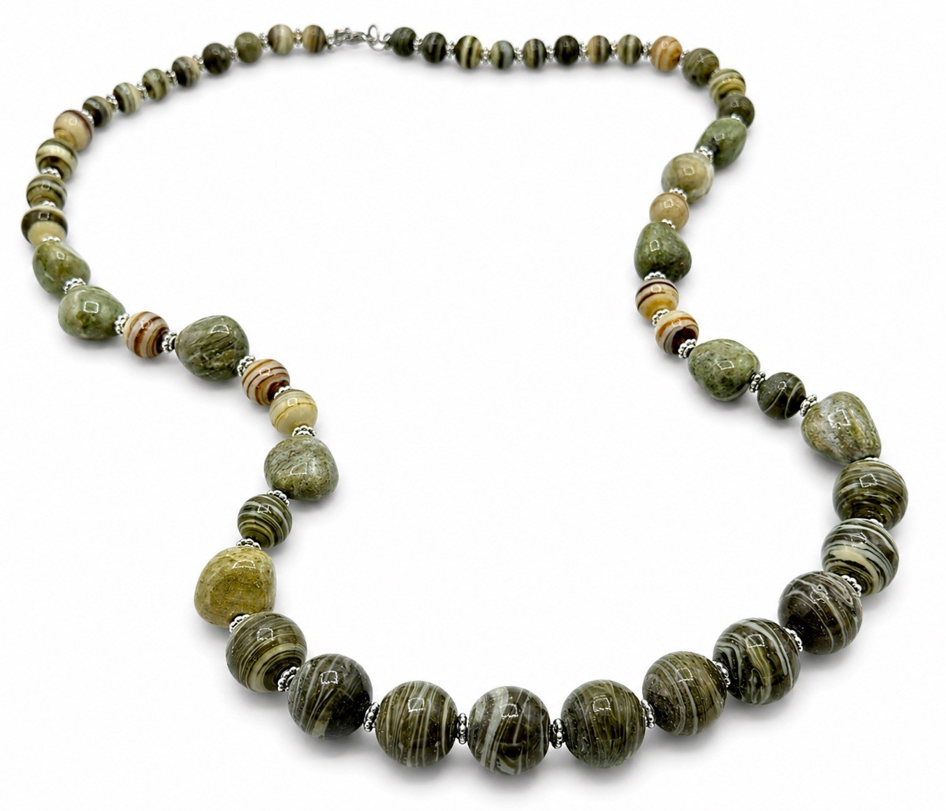 Earth Tone Stone Bead Necklace Green Banded Agate Style Boho Statement 32″