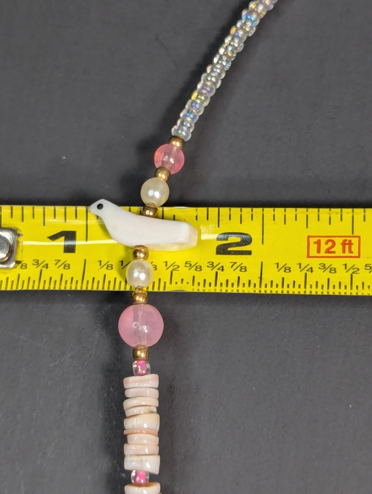 Vintage Puka Shell Choker Necklace 13.75″ Hand Carved Birds Pink