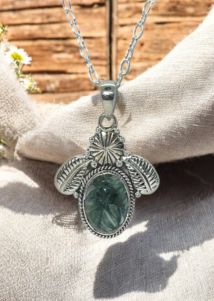 Seraphinite Green Stone Pendant Necklace ~ Southwestern Style
