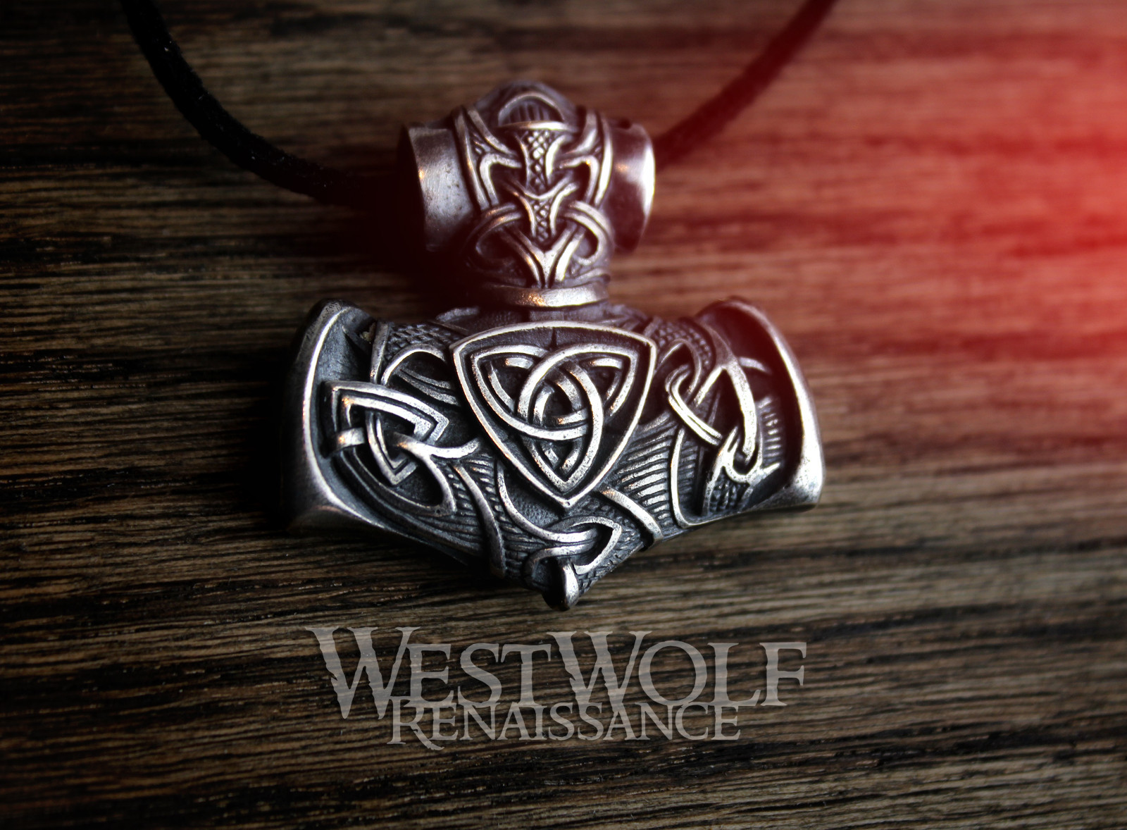 Viking Mjolnir Hammer Pendant with Odin’s Wolves — Norse/Thor/Raven/Silver/Wolf