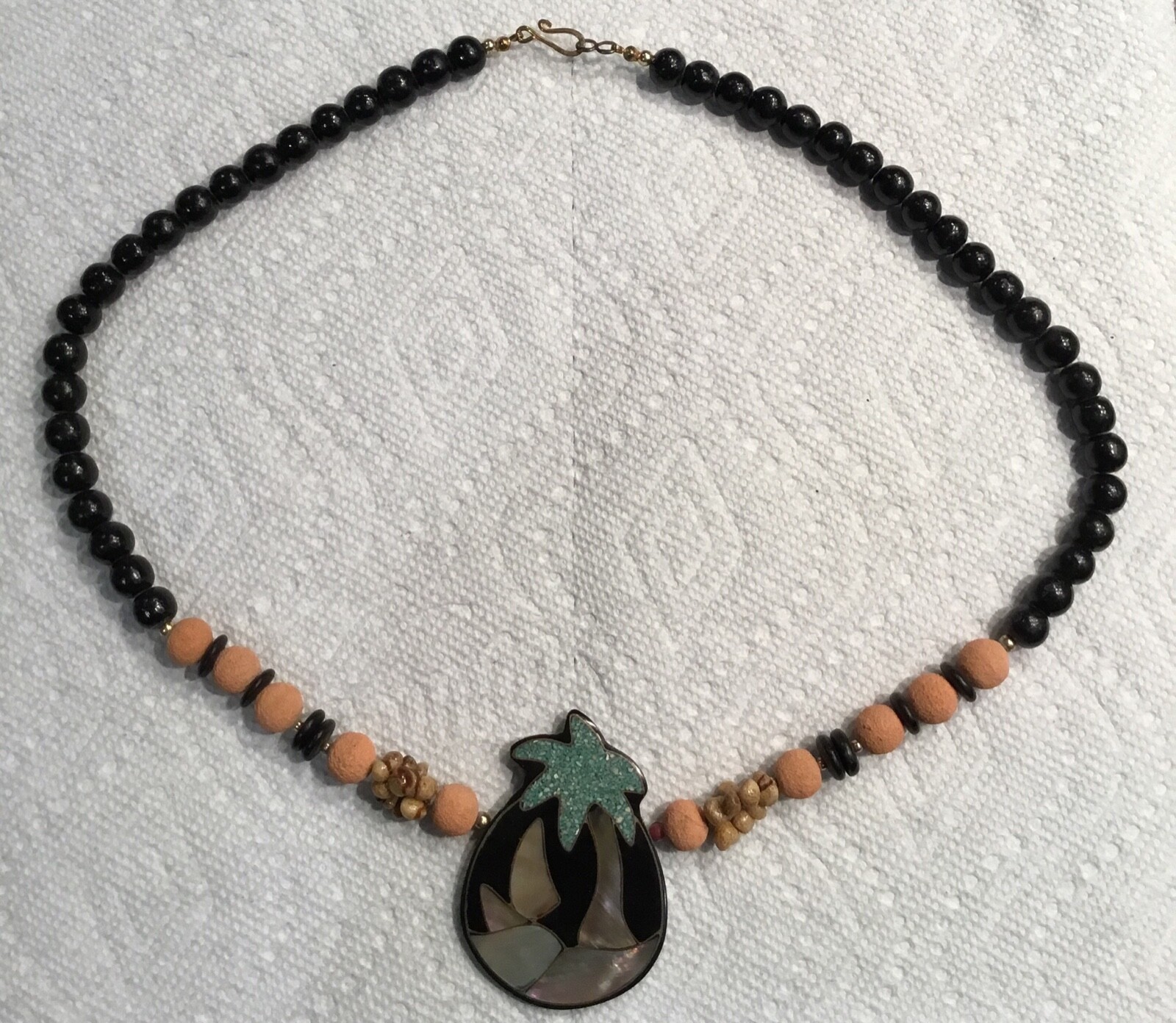 Vintage Mother Of Pearl Inlay Necklace Chip Inlay Beaded Palm Tree Waves 25” T52