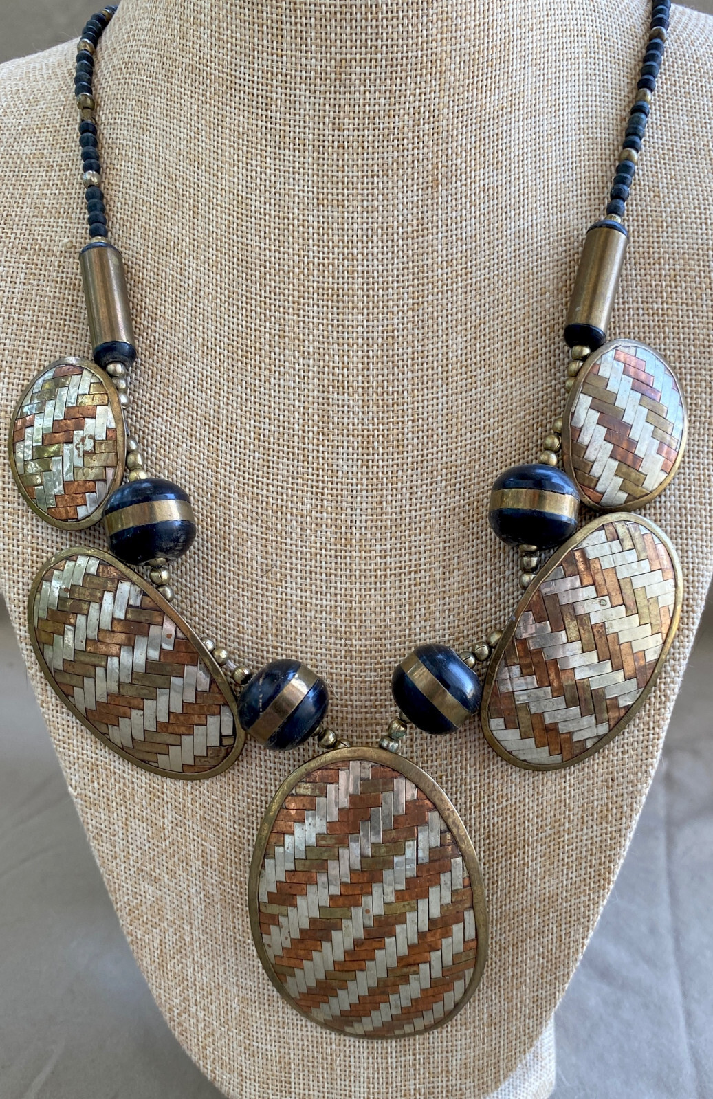 Vintage Boho/Tribal Hand Woven Wrought Brass & Copper Necklace 24″ Long