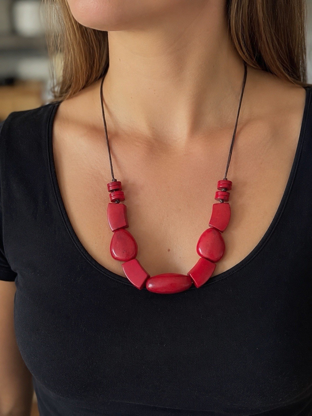 Chunky Beaded Tagua Necklace Red Handmade Adjustable Eco-Friendly from Ecuador
