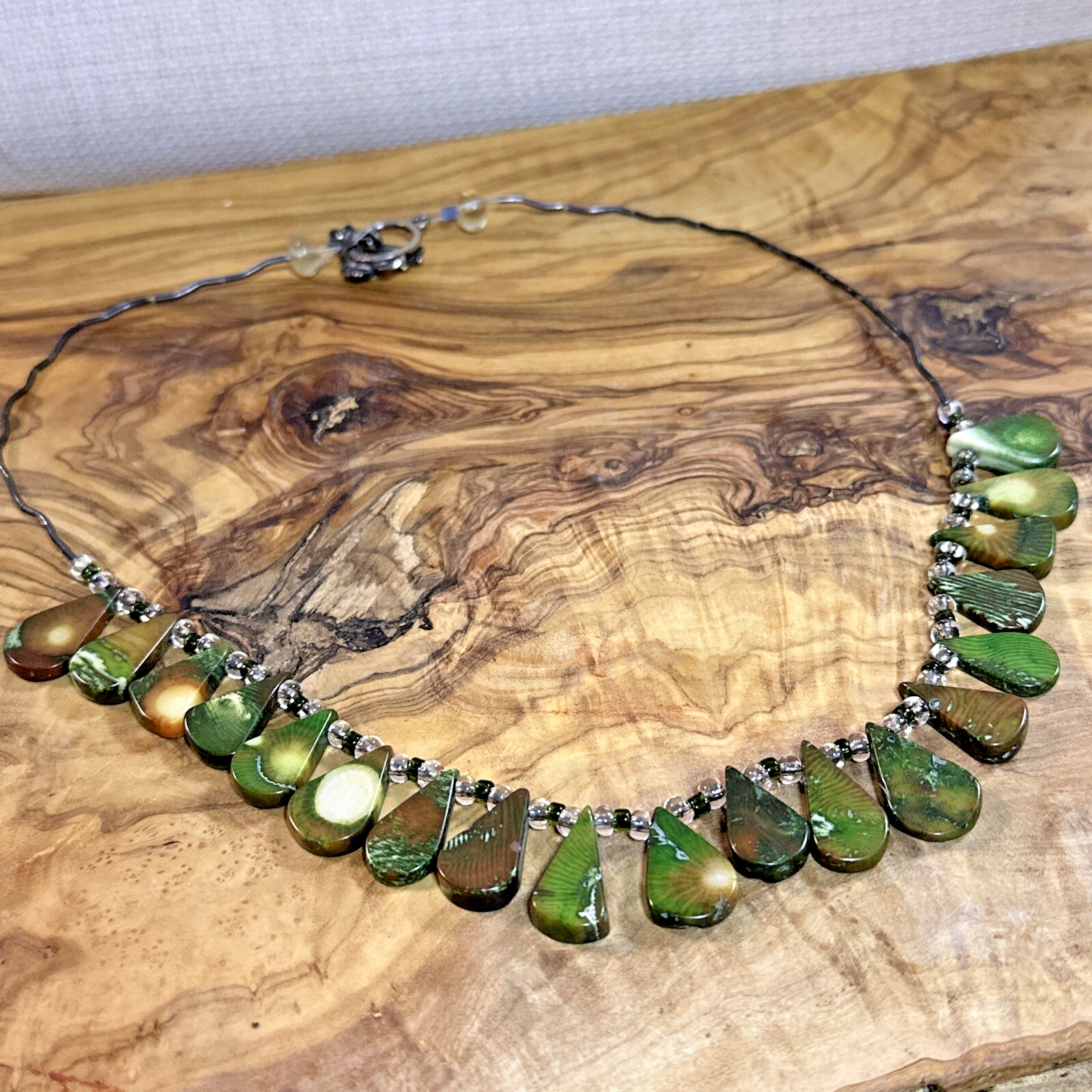 Artisan 19″ Stone Teardrop & Glass Beaded Necklace – Green Brown Handcrafted