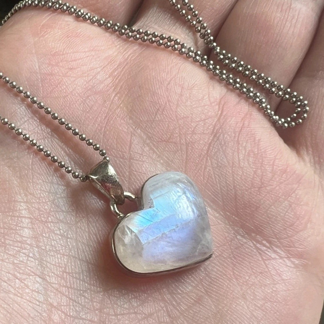 Moonstone Heart Sterling Silver Necklace 925 Artisan Handmade June Jewelry ~16”