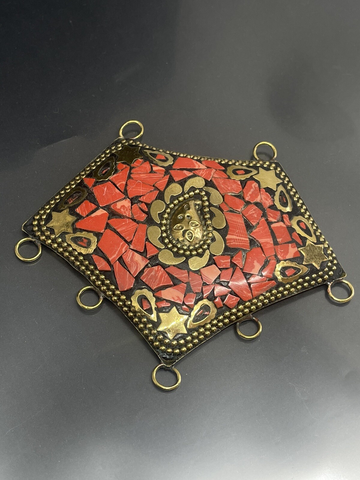 Vintage Handmade Moroccan Brass Tone Red Coral Mosaic Inlaid Stone Pendant