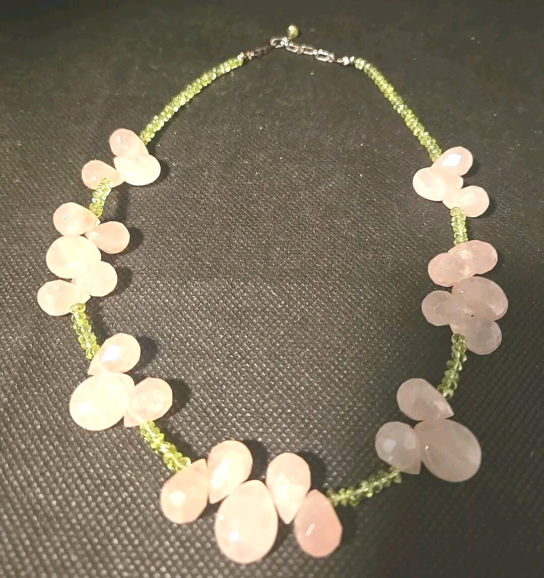 Pink Quartz Trio Faceted Beaded Necklace With Green Peridot Crystals 16-18 Inch