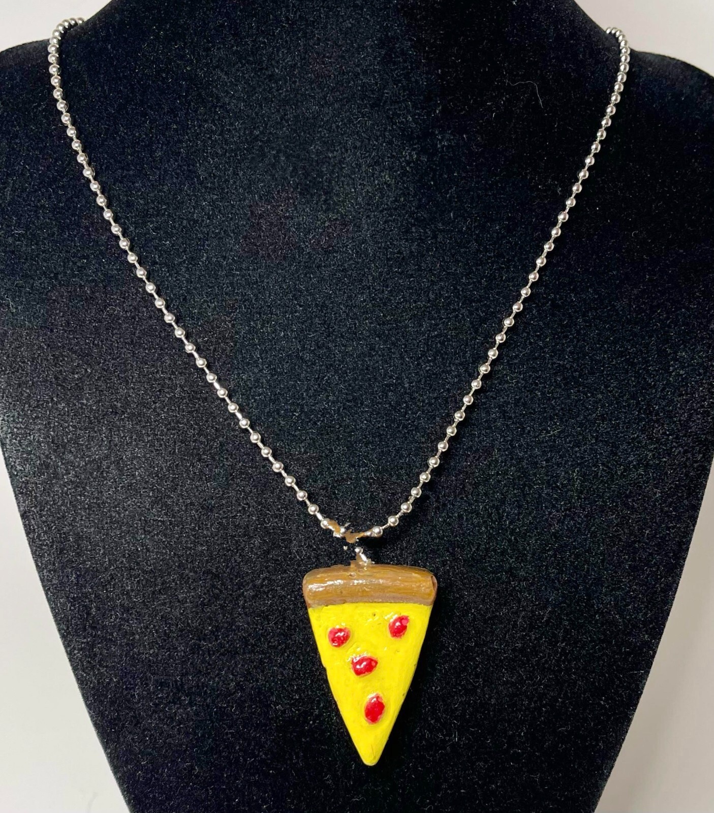 Handmade Hand Painted Pizza Charm Plastic Polymer Silver Ball and Chain Necklace