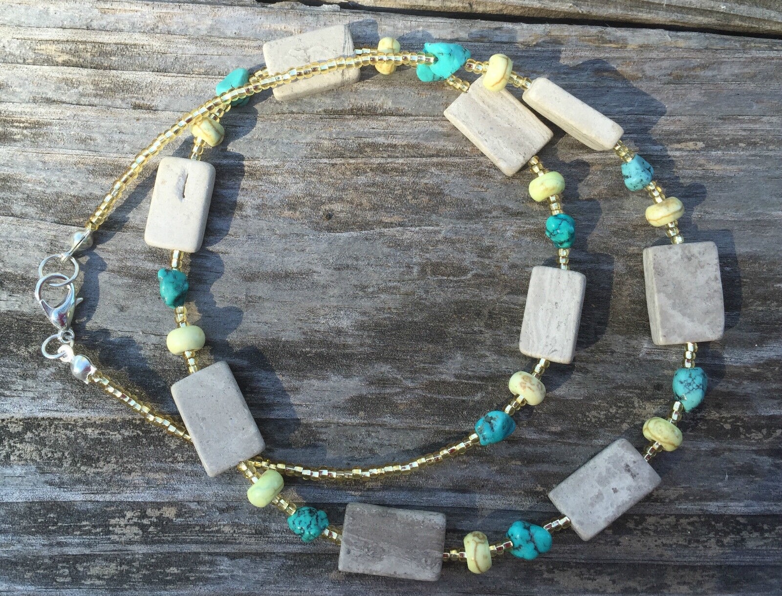 Handmade Necklace of Gray Marble, Green Magnesite, and Turquoise Nugget Beads