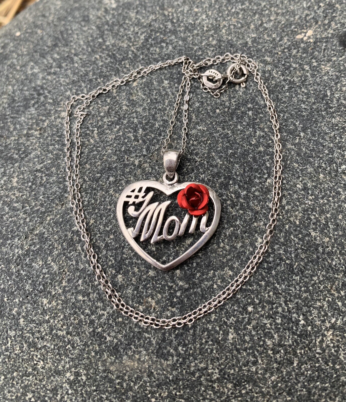 MOTHER’S DAY SU Necklace Silver Heart #1 Mom Red Enamel Rose Sterling 925 18”