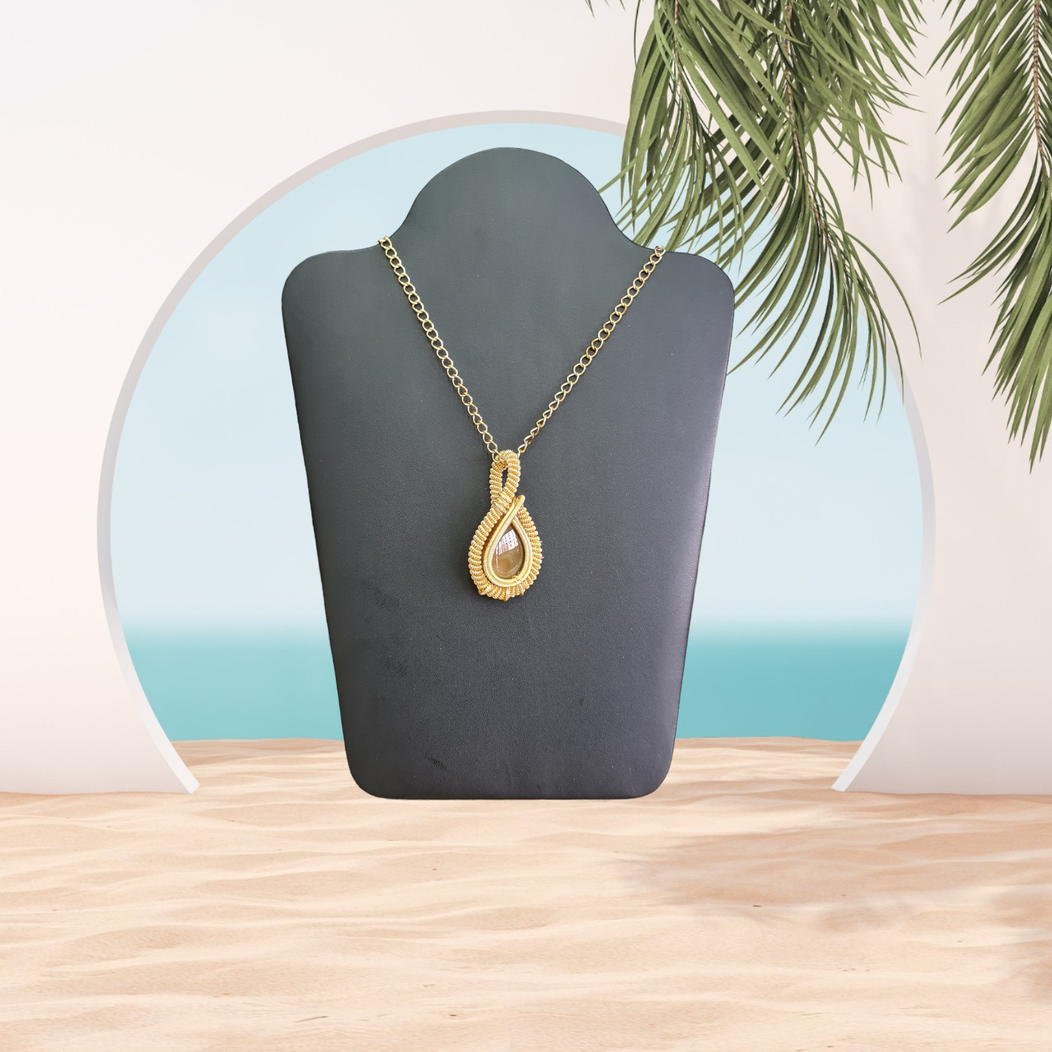 Wire Wrapped Gold Plated Pendant With Agate Jewelry 2.26 Inches