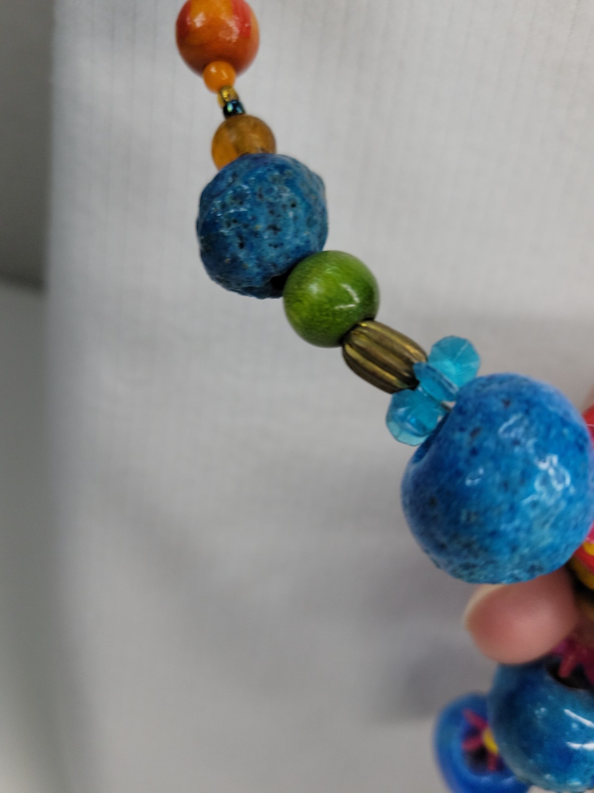 Colorful Boho Artisan Made Necklace Clay, Glass, Wood Beads & Nuts 28″