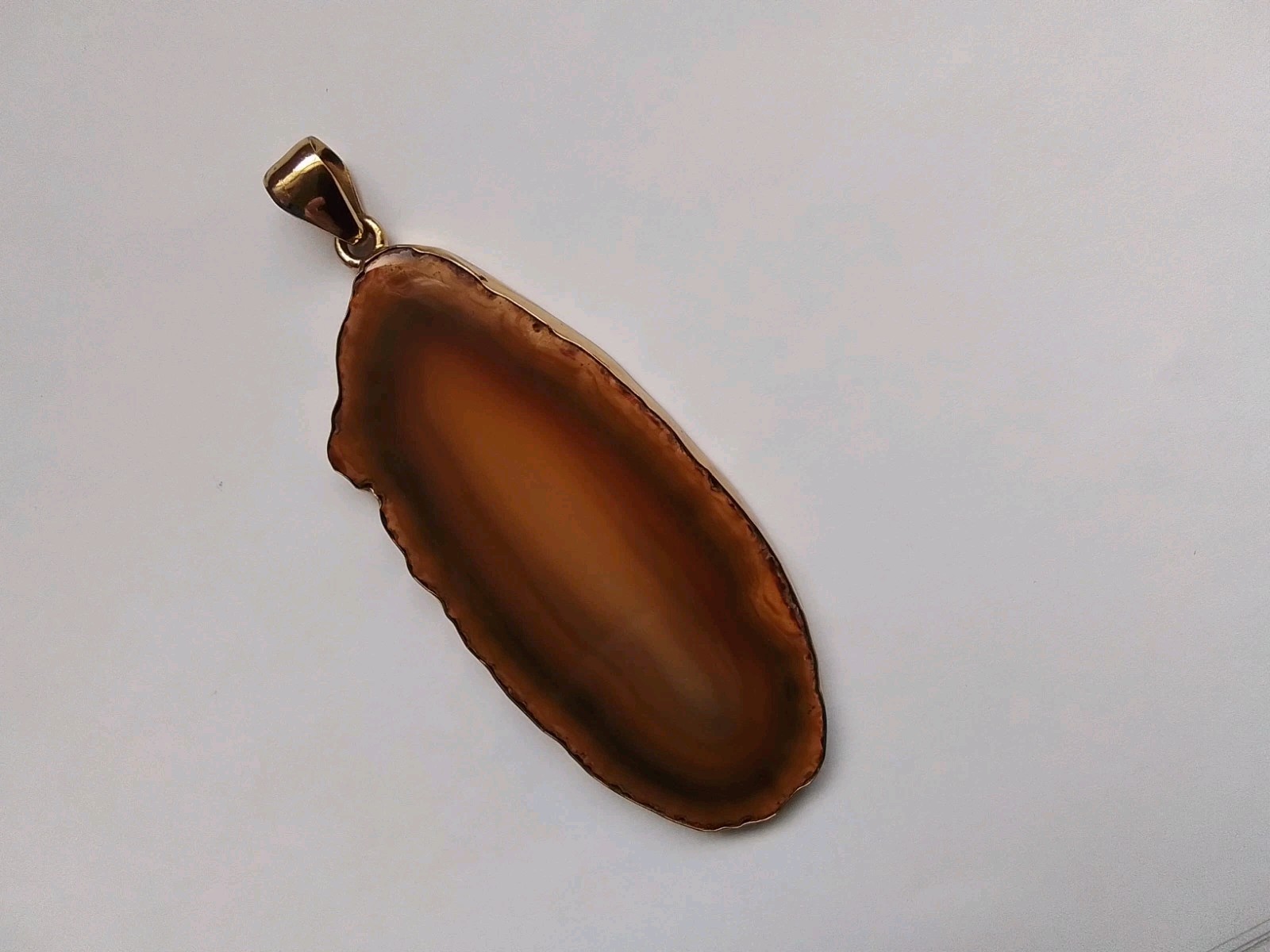 Large Charles Albert Alchemia Pendant, Brown Agate Slab 3 3/4″, Goldtone Setting