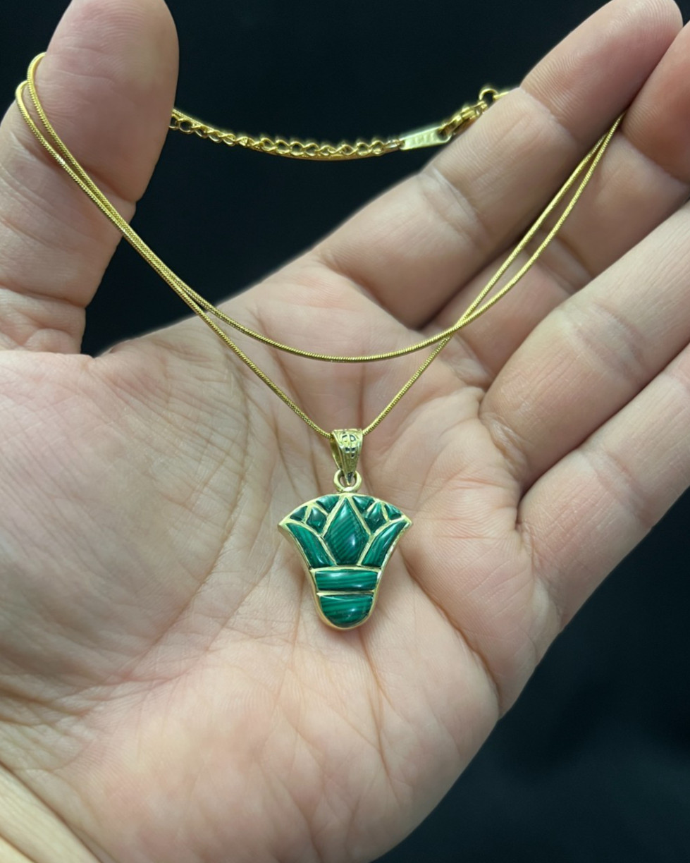 Green Lotus Necklace Egyptian Flower Pendant Golden Brass Tone Minimal Jewelry