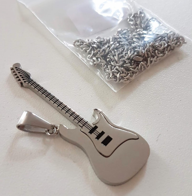 Guitar Bass Pendant Necklace – Silver Metal – 5X2Cm – Necklace 60Cm