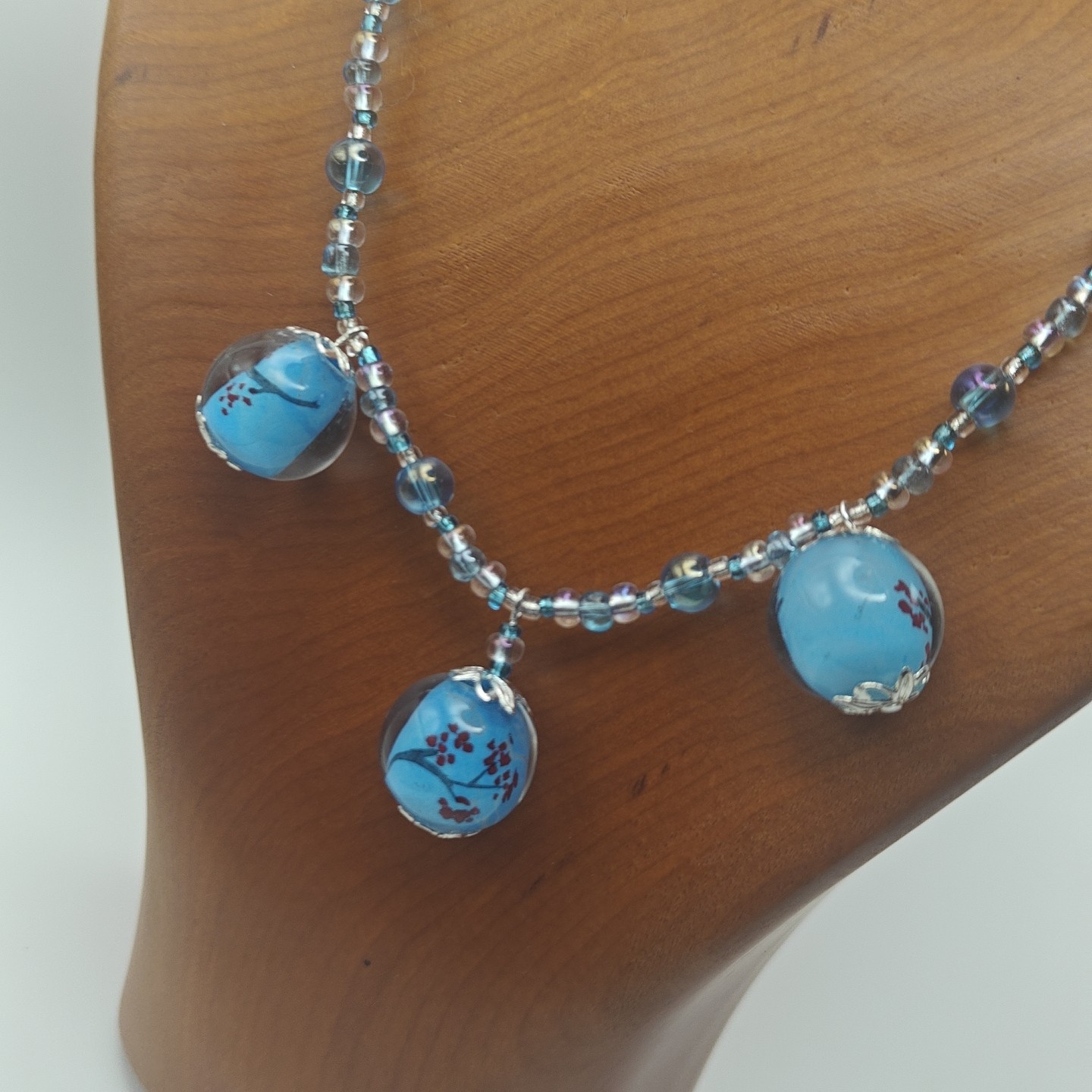16″Lampwork Glass Three Pendant Charm Blue Transparent Necklace Artisan Handmade