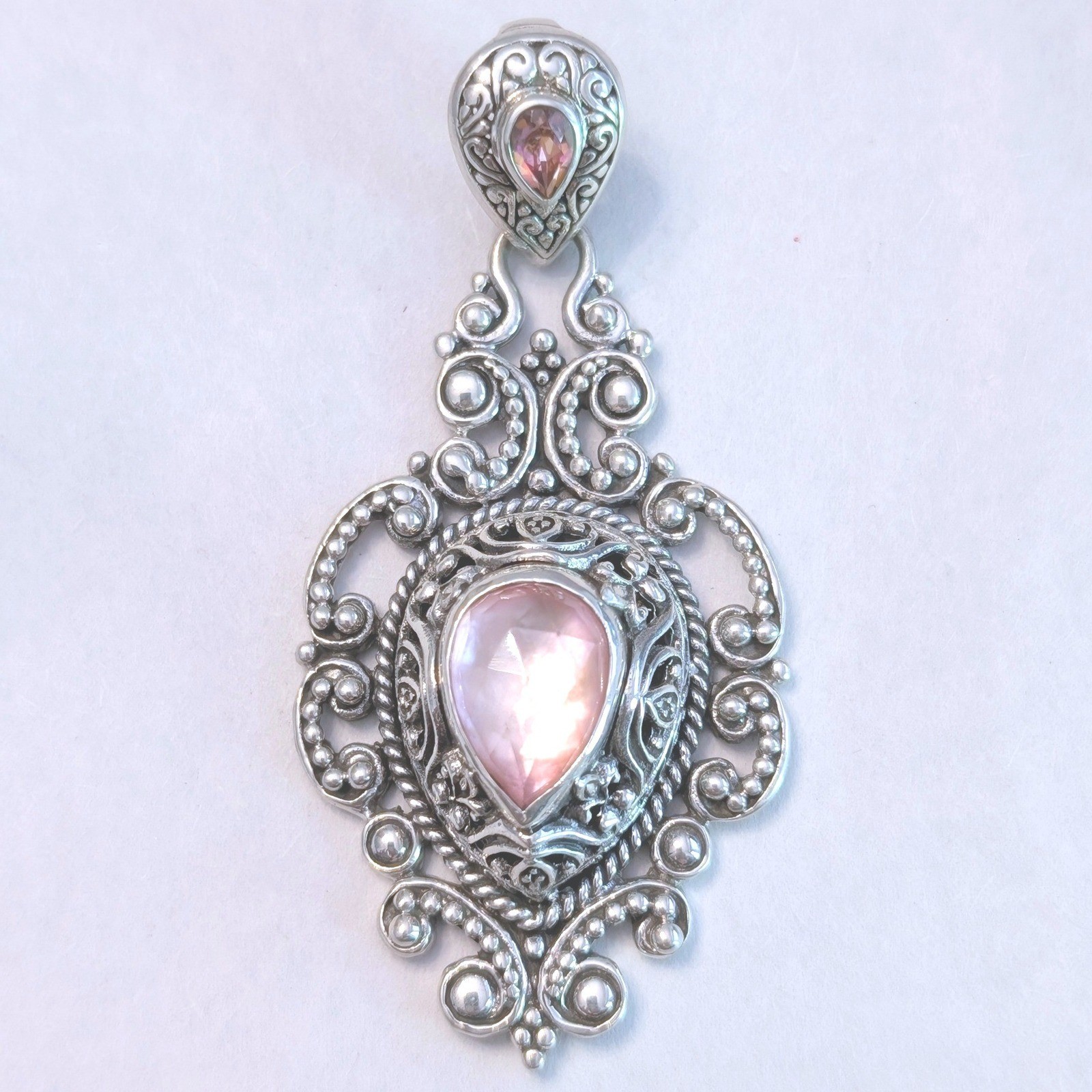 Sarda Bali 925 Sterling Silver Pink Quartz Filigree Pendant Balinese Style