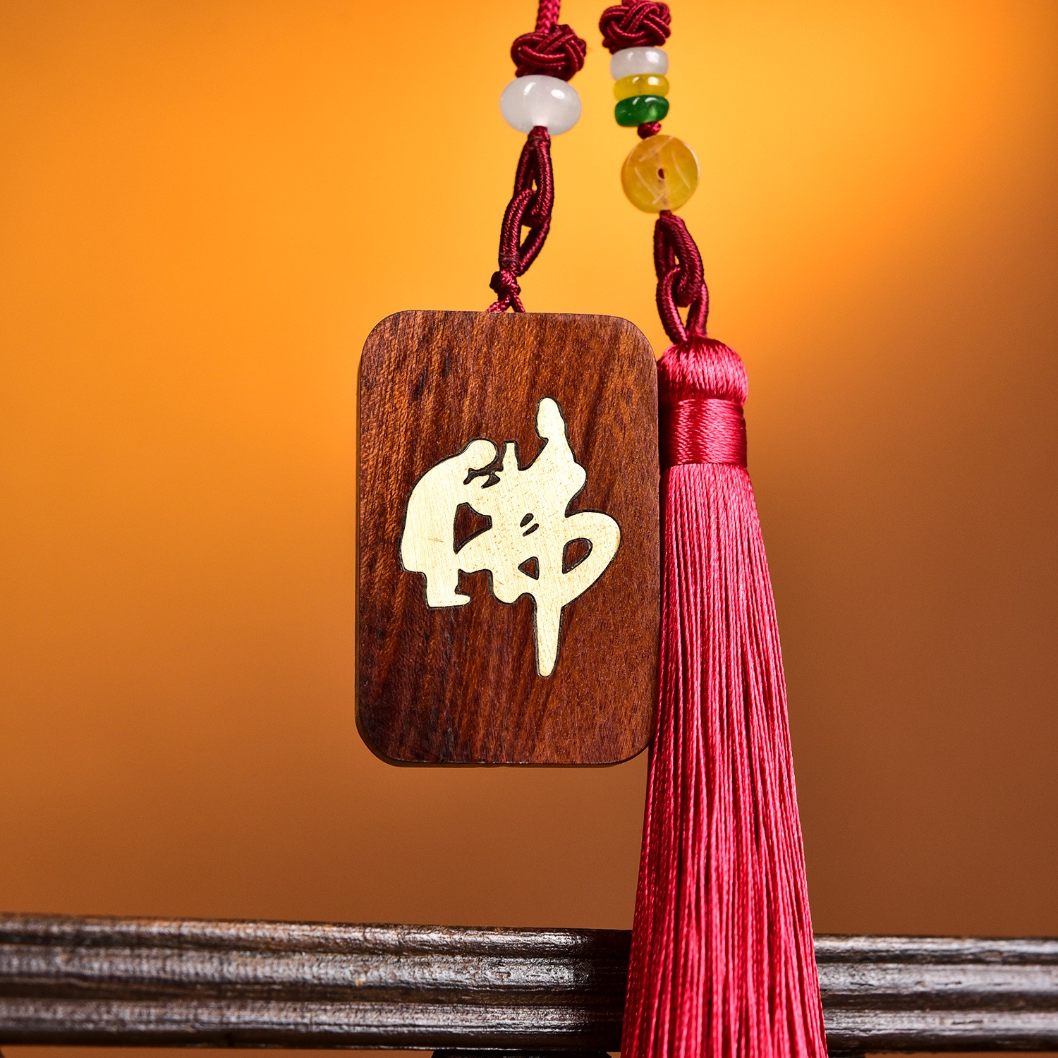 Peach Wood Lotus Car Hanging Ornament With Copper Inlay