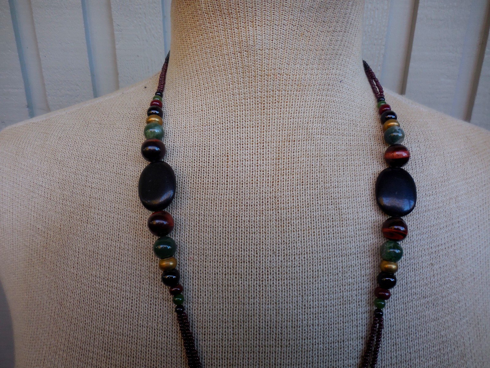 Obsidian Massage Wand Beaded Necklace Onyx Red Tigers Eye Moss Agate Stone Beads