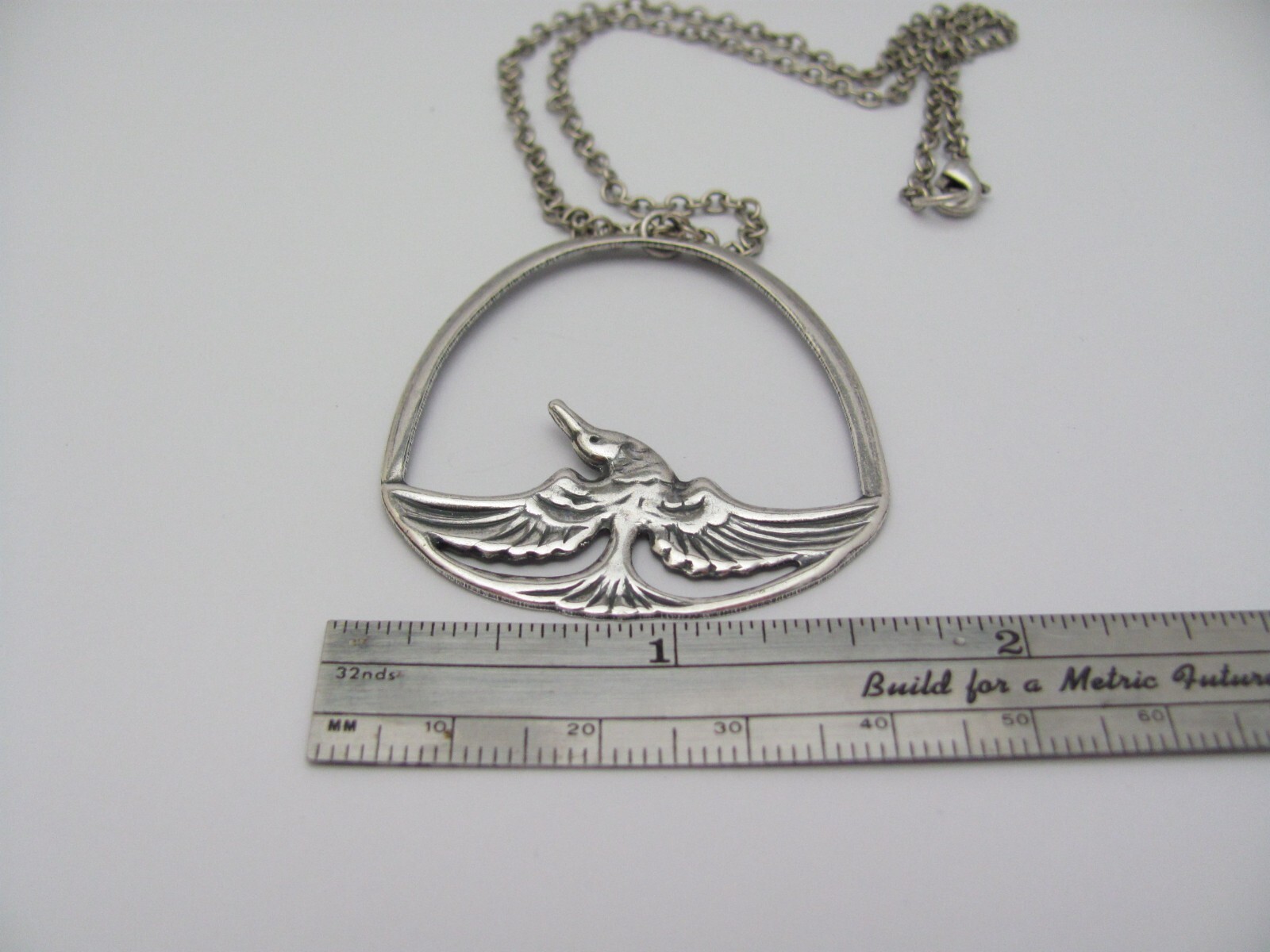 Art Deco Bird Necklace Egyptian Revival Pendant Antiqued Silver Plated Chain