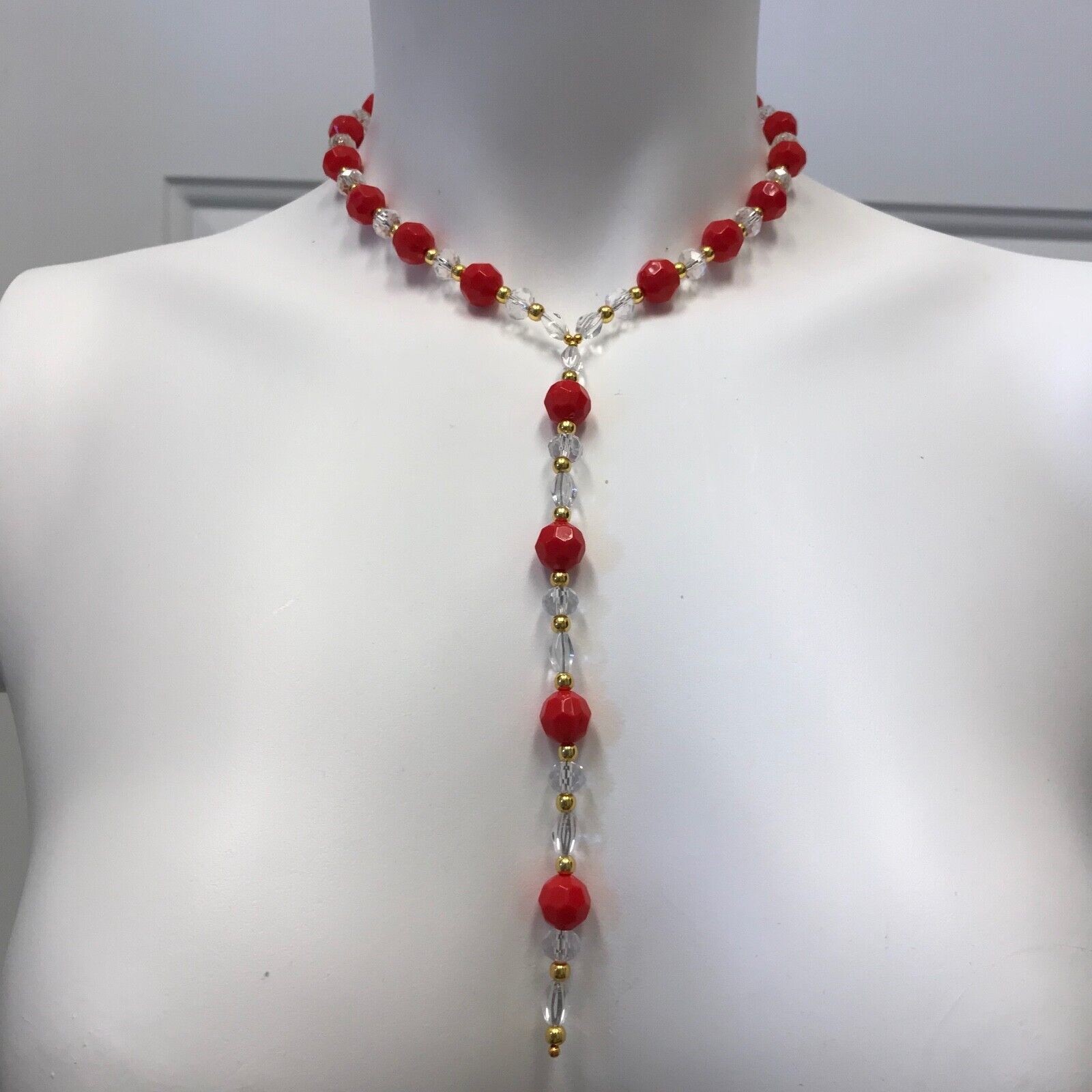 Handmade Y Choker Necklace of Coral Pink Acrylic Beads and Clear Glass Gold Tone