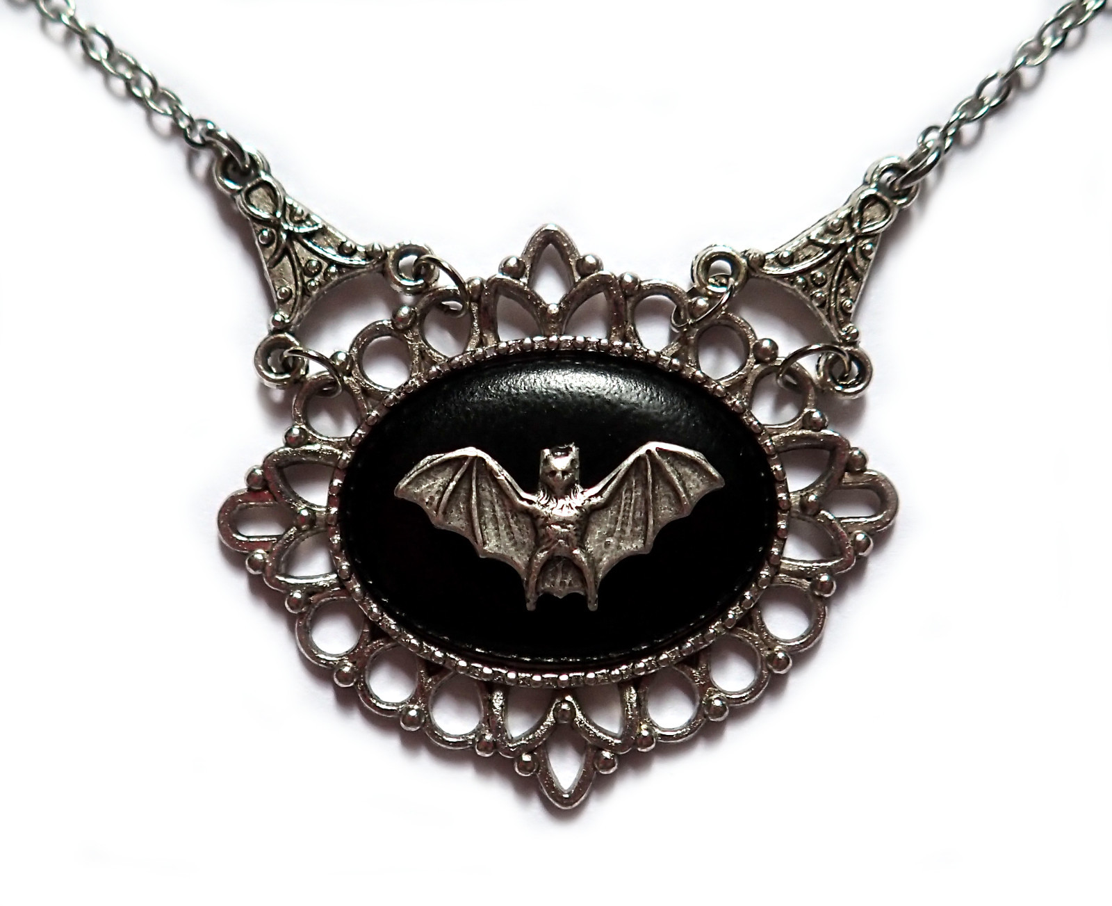 GOTHIC Victorian Silver Filigree Black CAMEO Vampire Bat Necklace/Choker/Earring