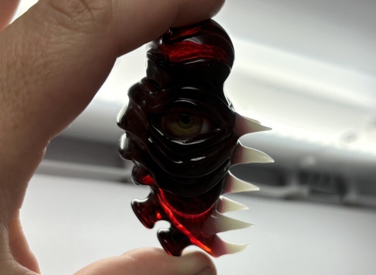 Salt Art Glass Pendant 2013 Borosilicate Hand Blown Monster Teeth Eyeball 3” Red