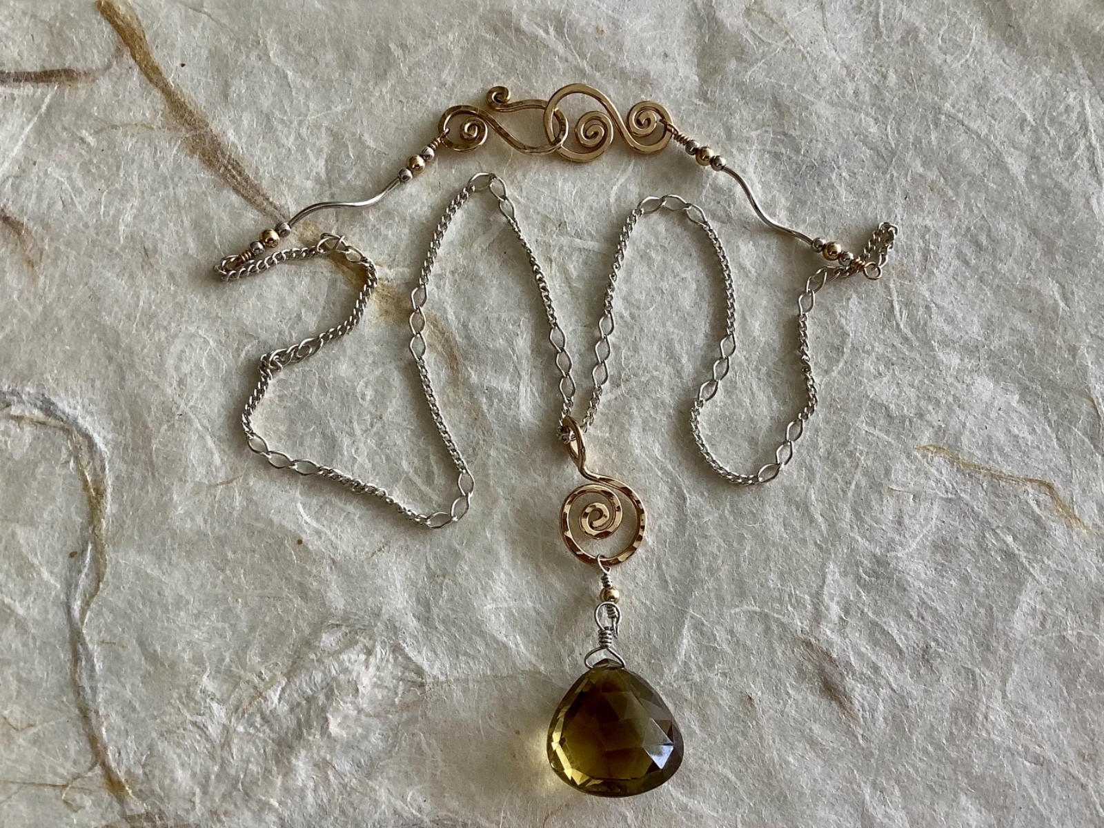 Artisan Handmade 14K Gold fill Honey Topaz Pendant with Sterling Silver Chain.