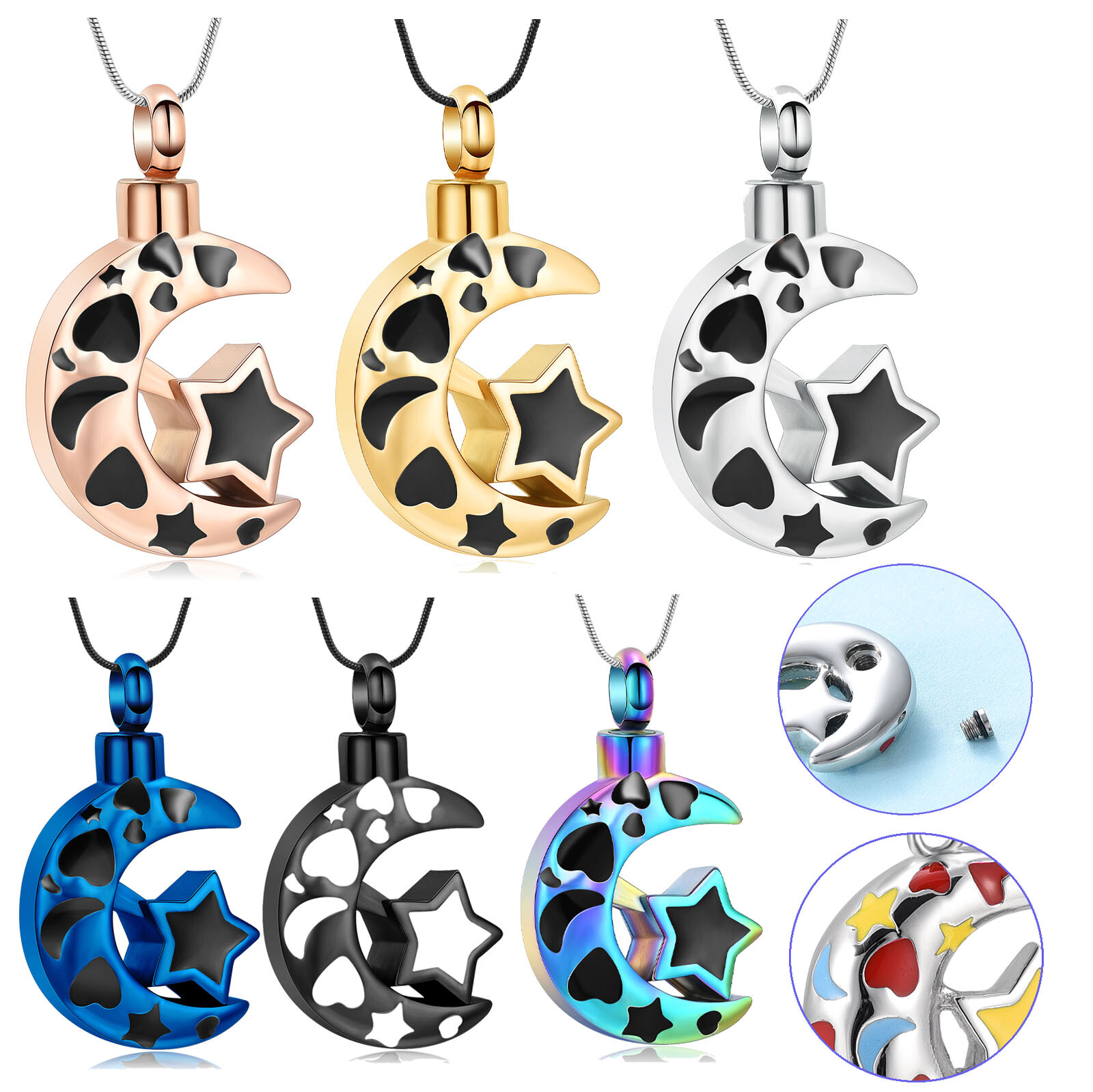 Urn Necklace Ashes Cresent Rectangle Keepsake Moon Star Eternal Memorial Pendant