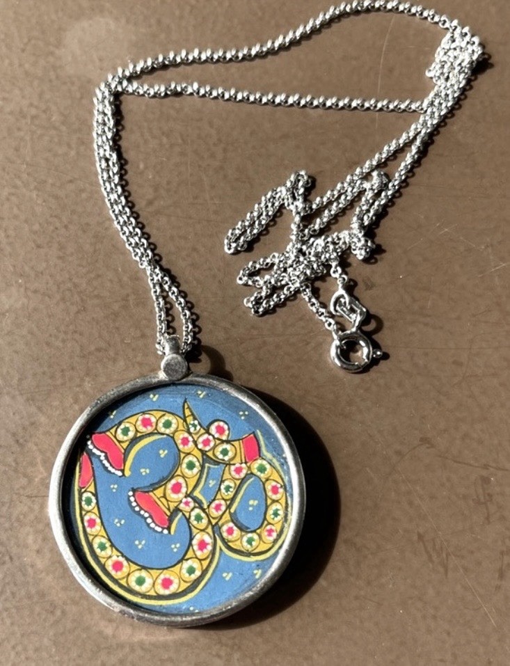 Colorful Ohm symbol sterling silver 20” necklace. Blue, red, gold, green