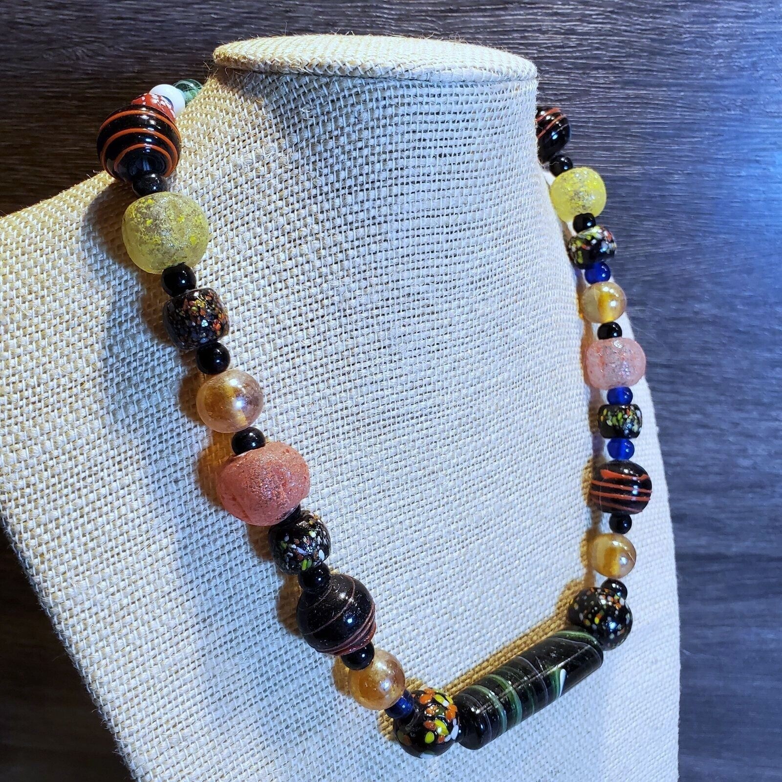 India Artisan Vintage 90s India Artisan Glass Beads Black Multi Necklace OOAK St