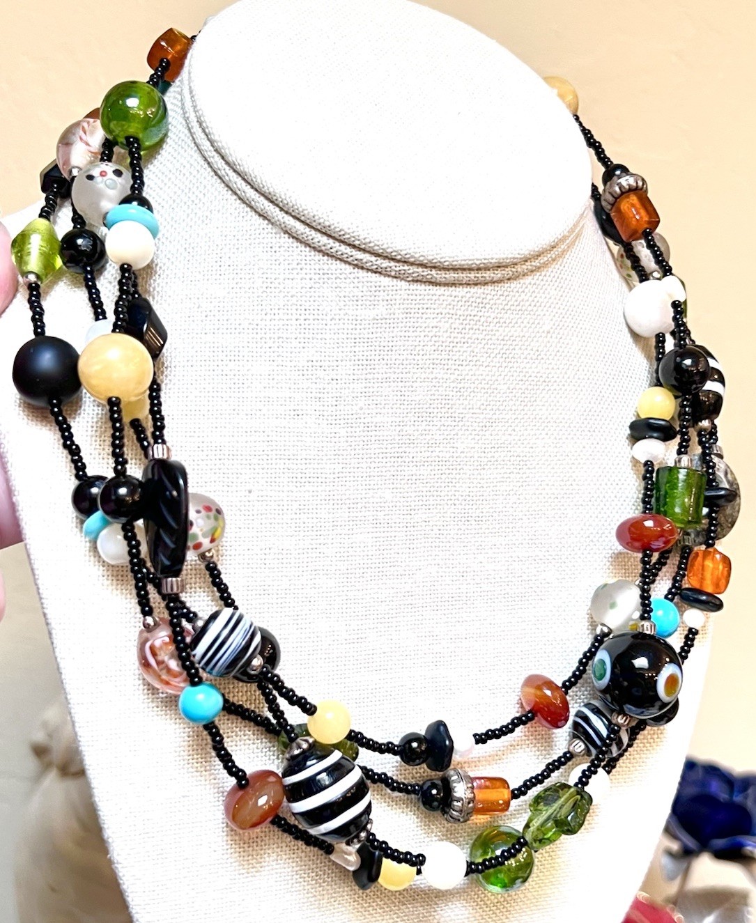 LOVELY Artisan Sterling Silver Onyx Agate, Art Glass, Pearl, Jasper 38” Necklace