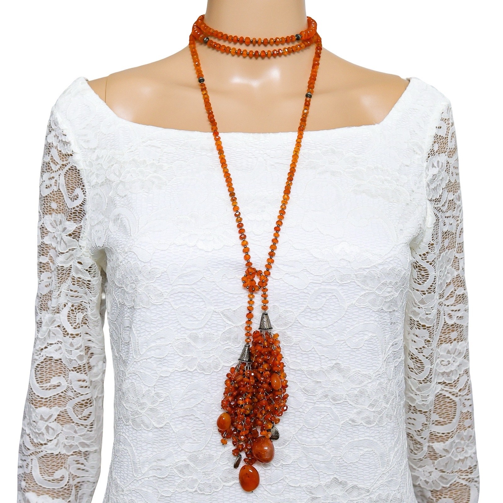 Statement Artisan Carnelian Agate Sterling Open End Lariat Tassel Necklace 62in