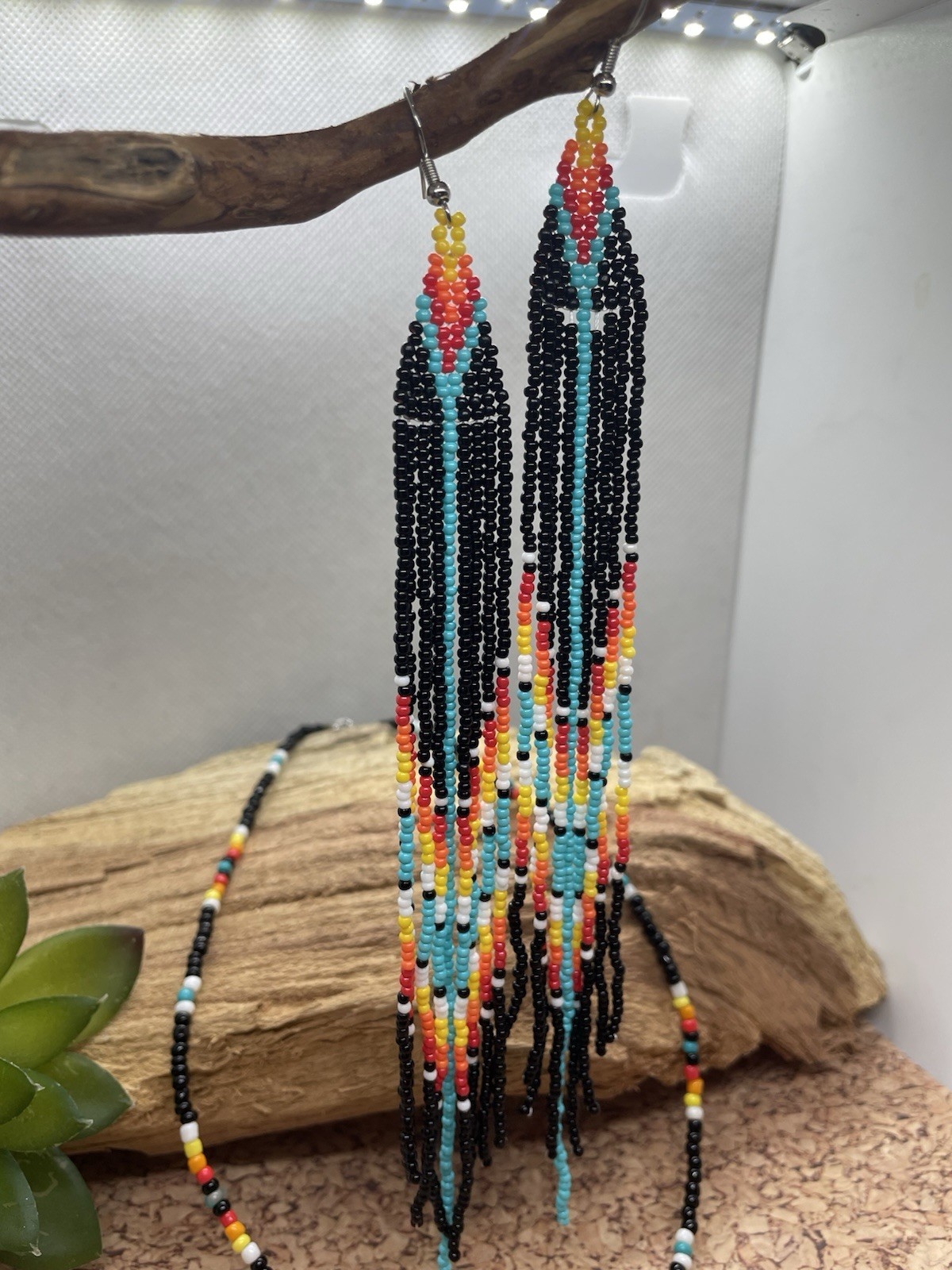 Black TURQUOISE 7″ Handmade Earrings Fun Seed Bead Necklace Set Boho Choker