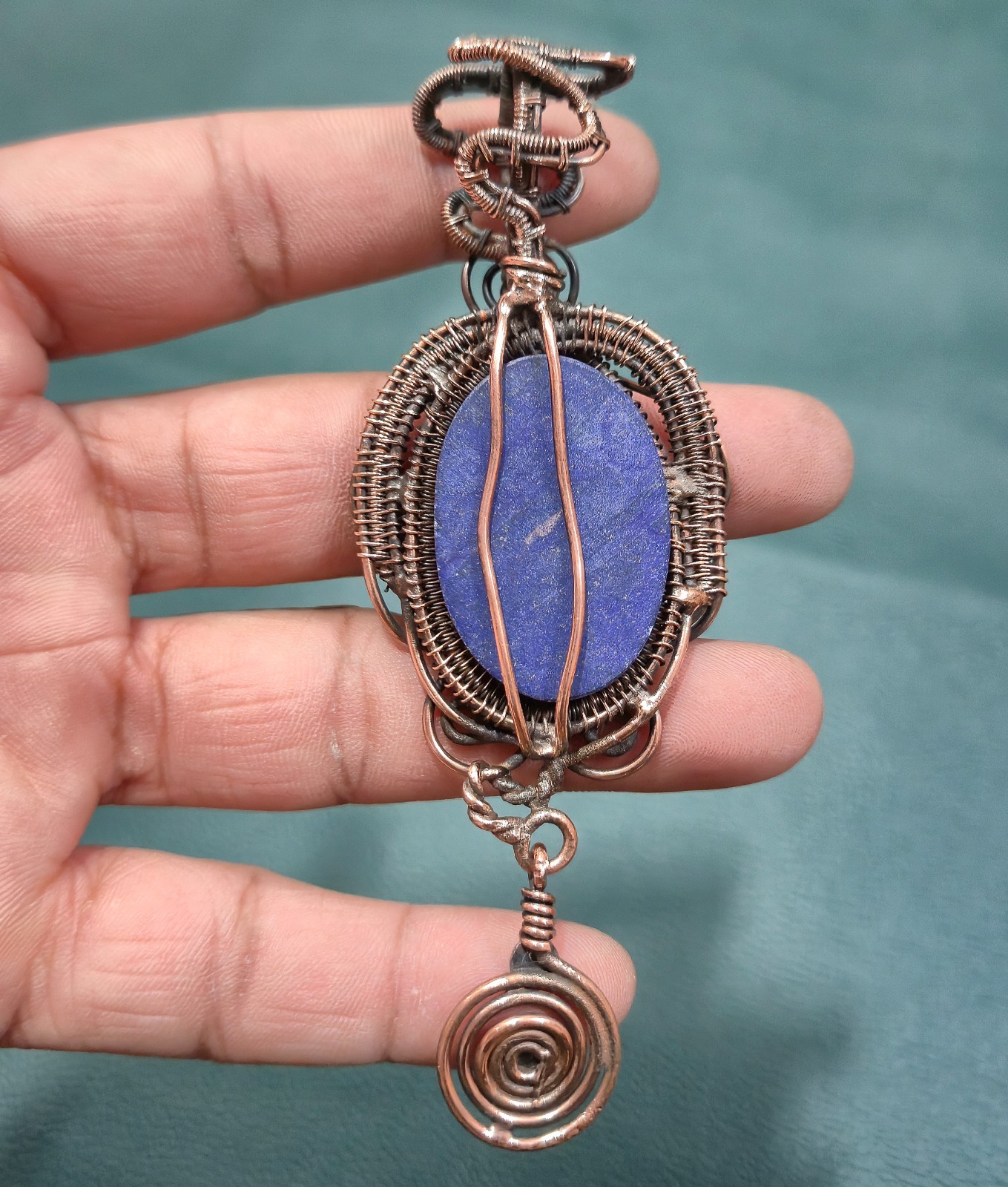 Lapis Lazuli Wire Wrapped Pendant Copper Handmade Statement Gemstone Jewelry