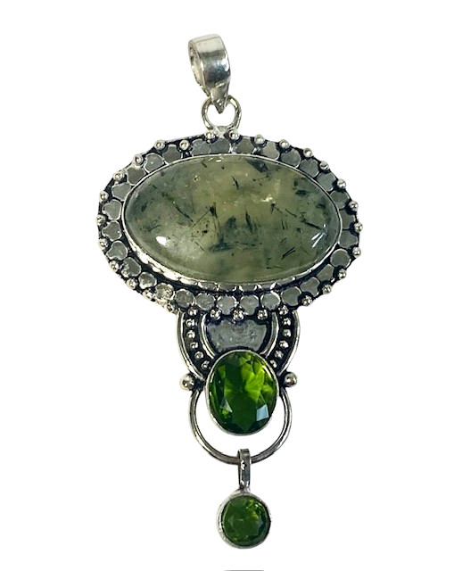 Prehnite & Faceted Peridot Gemstone Ethnic Style Handmade Pendant 19 grams 3″