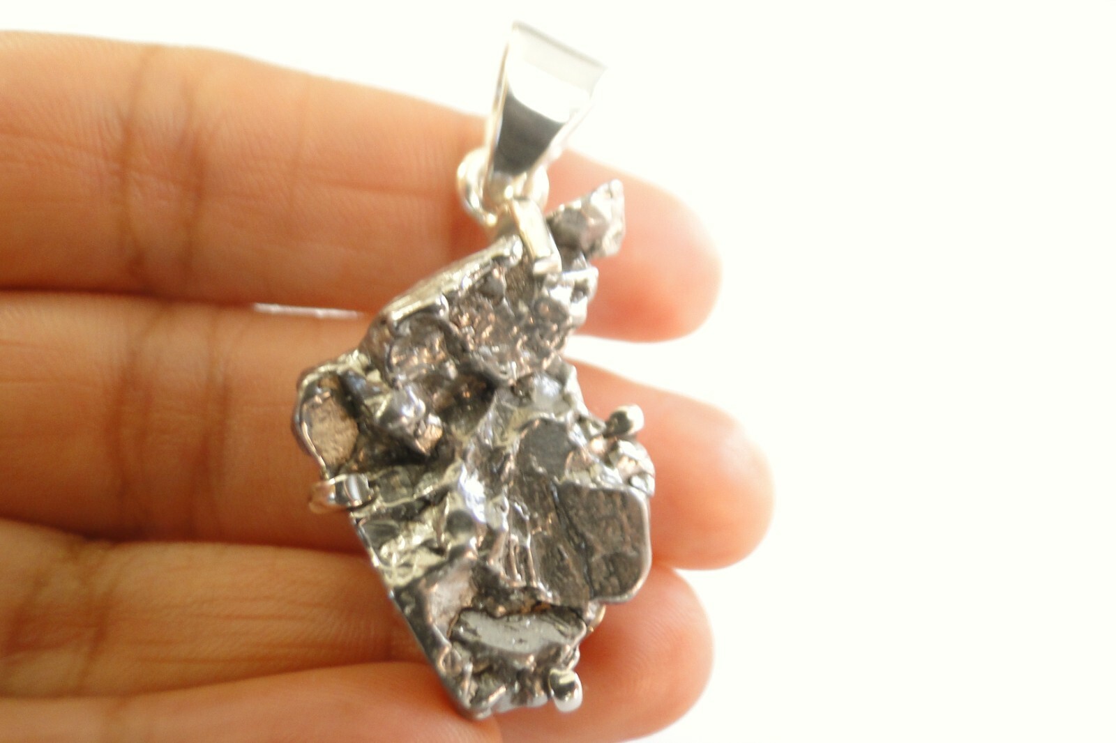 Iron Meteorite Cosmic Stone Nugget Prong-set 925 Sterling Silver Pendant