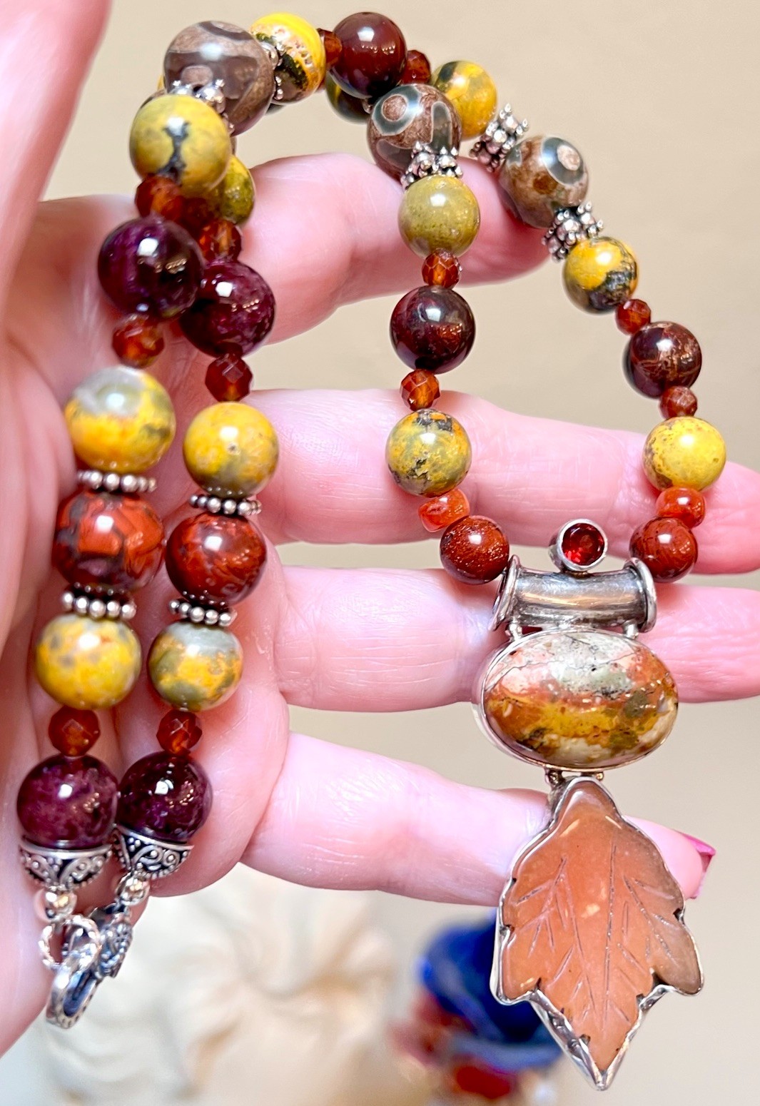 LOVELY Sterling Silver Bumblebee Jasper, Crazy Lace, Tibetan Agate Leaf Necklace