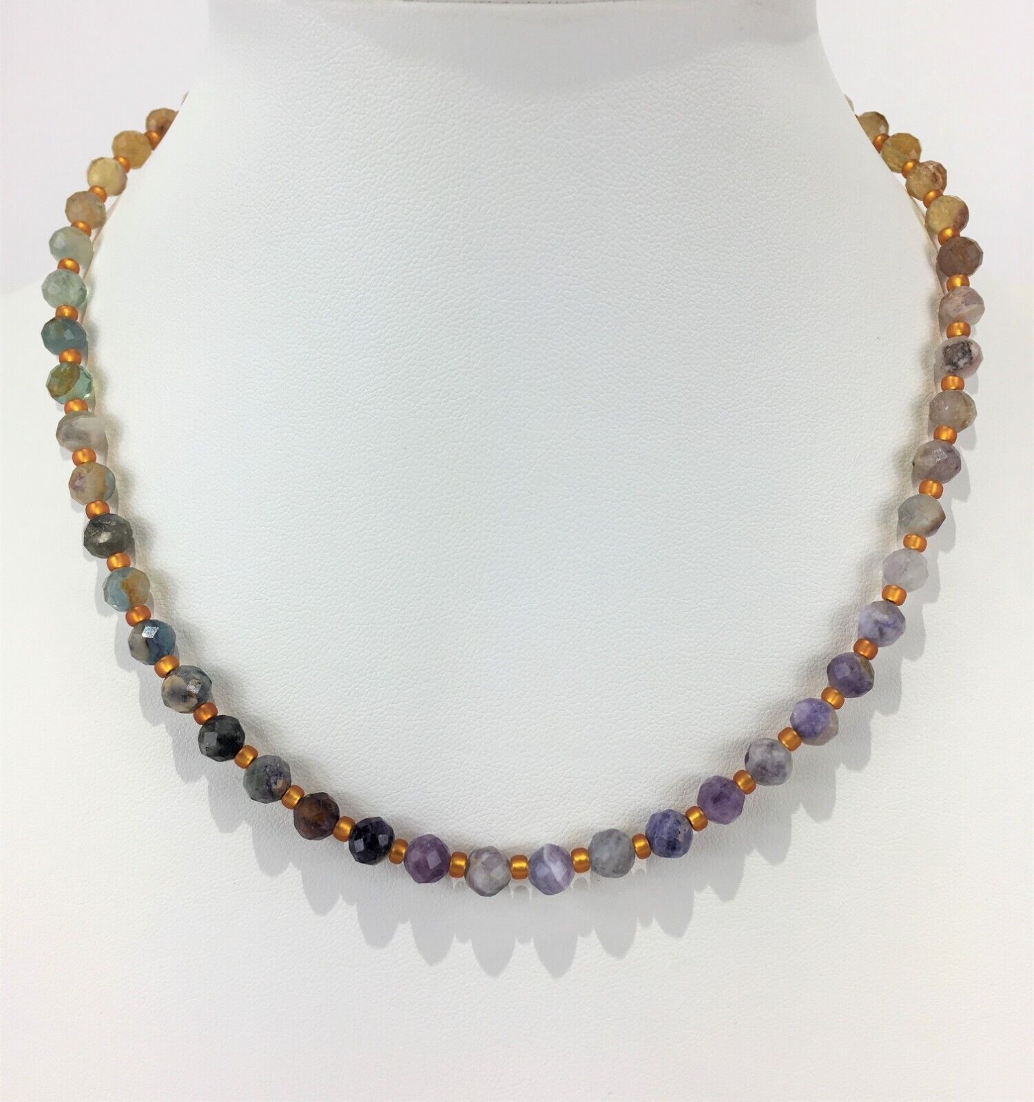 Rainbow Fluorite and Glass Bead Necklace, Purple/Blue/Orange, Handmade, 16.5 in