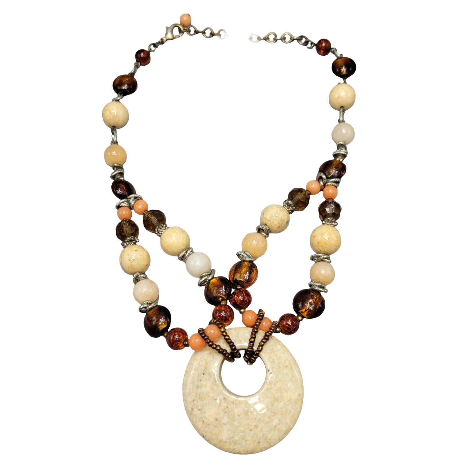 Jasper Stone Necklace Beaded Pendant Art Glass 16″ Brown Cream Statement