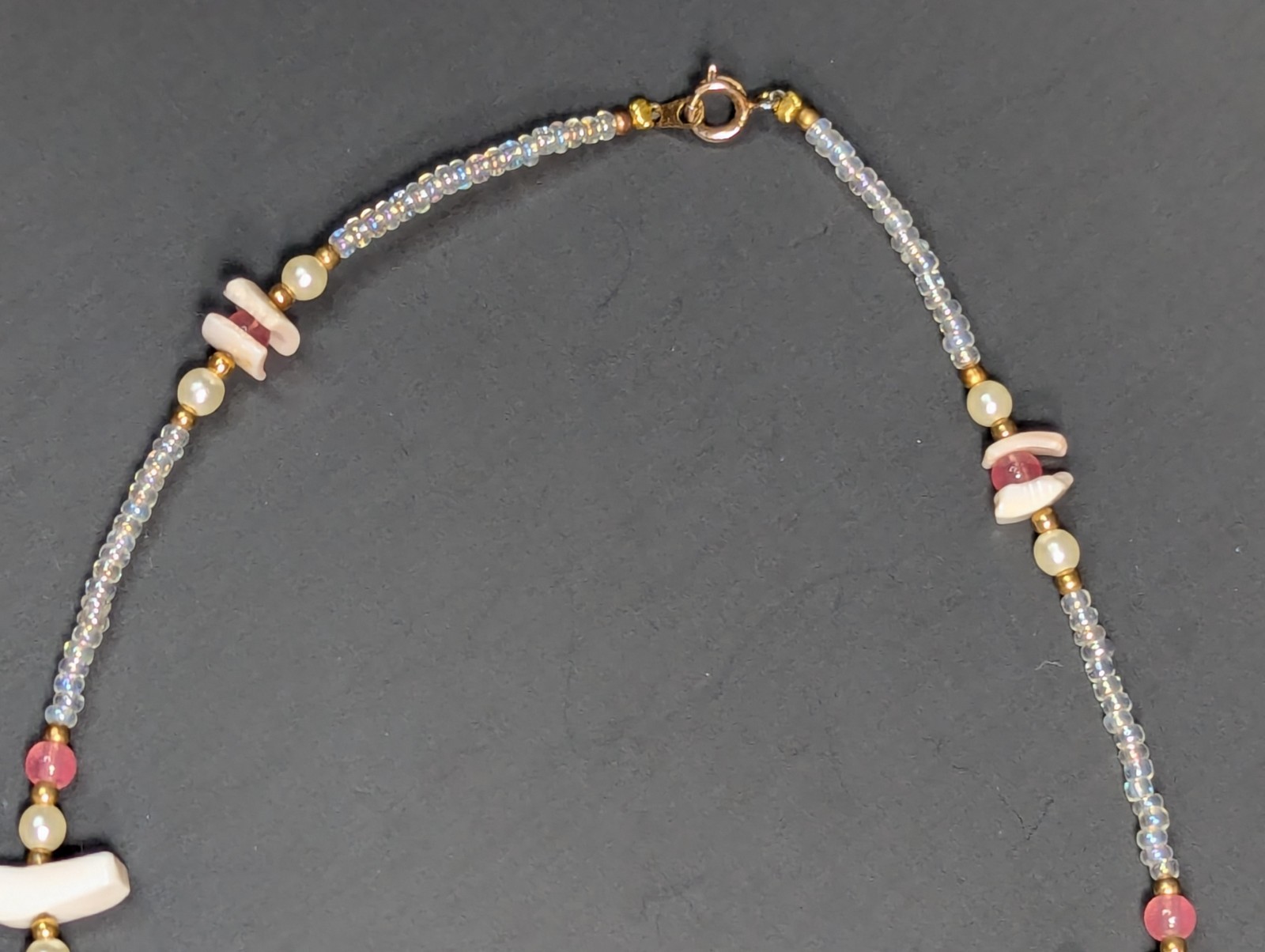 Vintage Puka Shell Choker Necklace 13.75″ Hand Carved Birds Pink