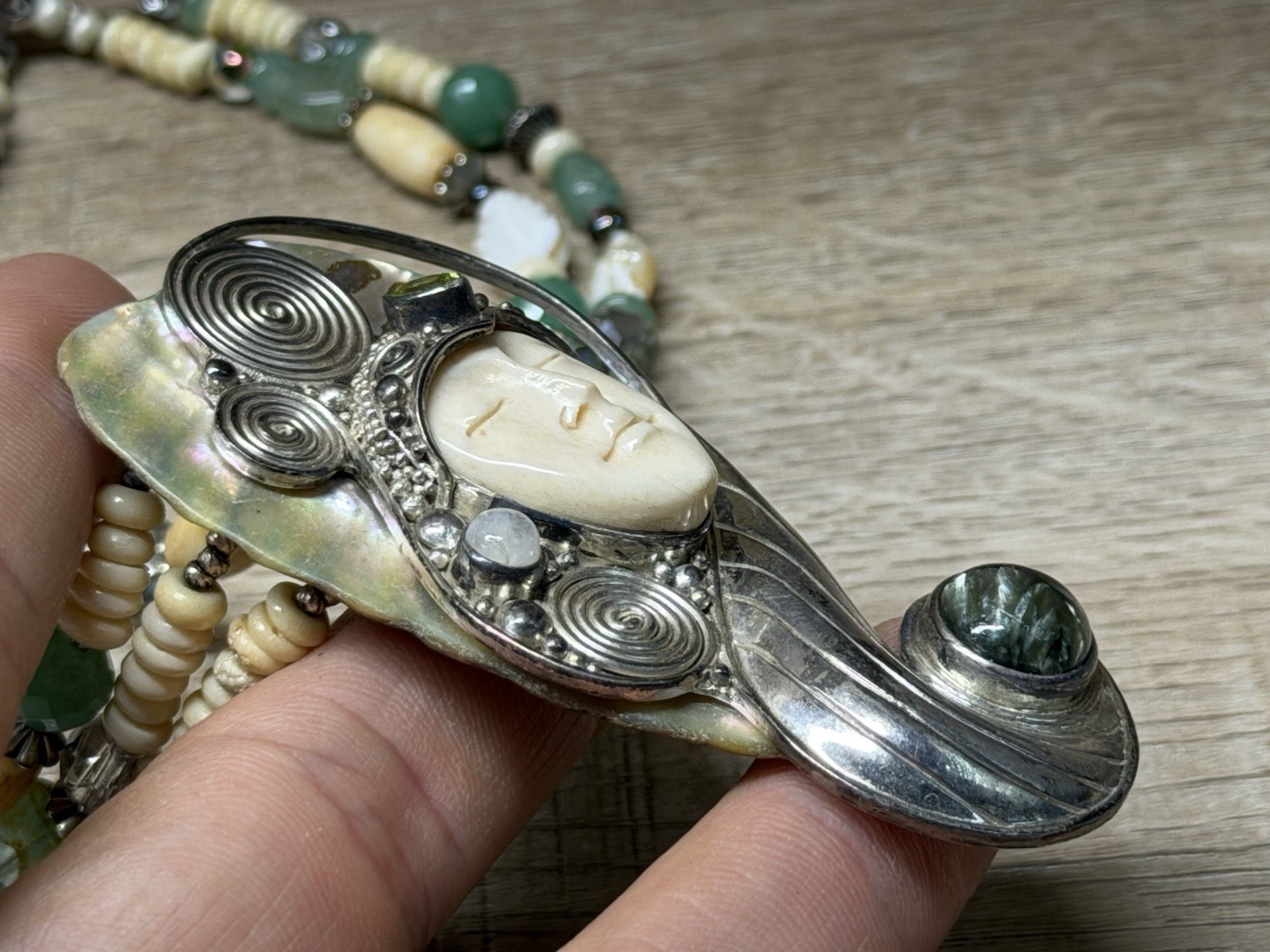 Unmarked Sterling Silver Sajen Carved Goddess Abalone & Gemstone Bead Necklace