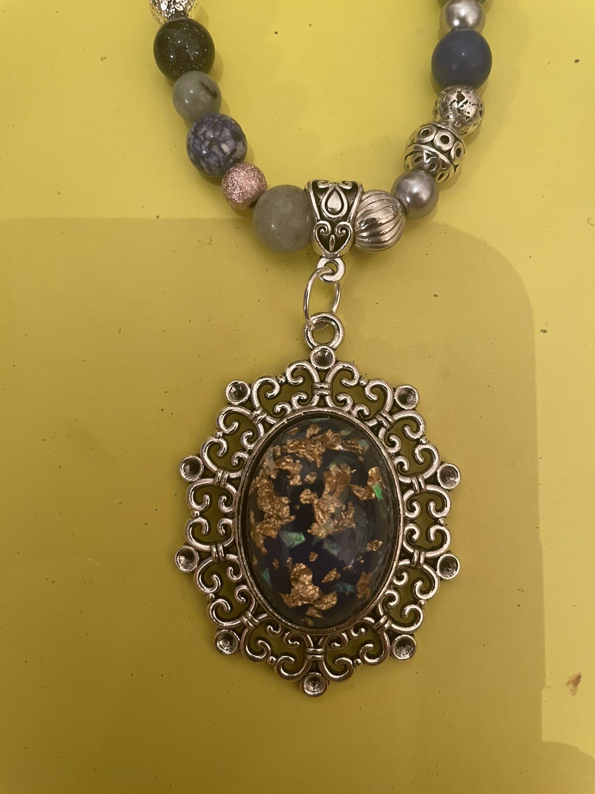Retro Silver Victorian Filigree w/Blue Galaxy Oval Pendant Crystal Bead Necklace