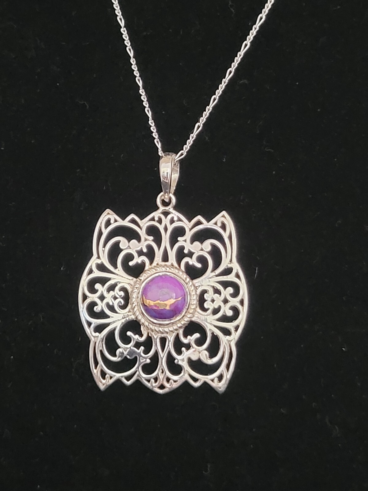Purple Copper Turquoise FiligreePendant Necklace 20″ Figaro 925 Sterling Silver