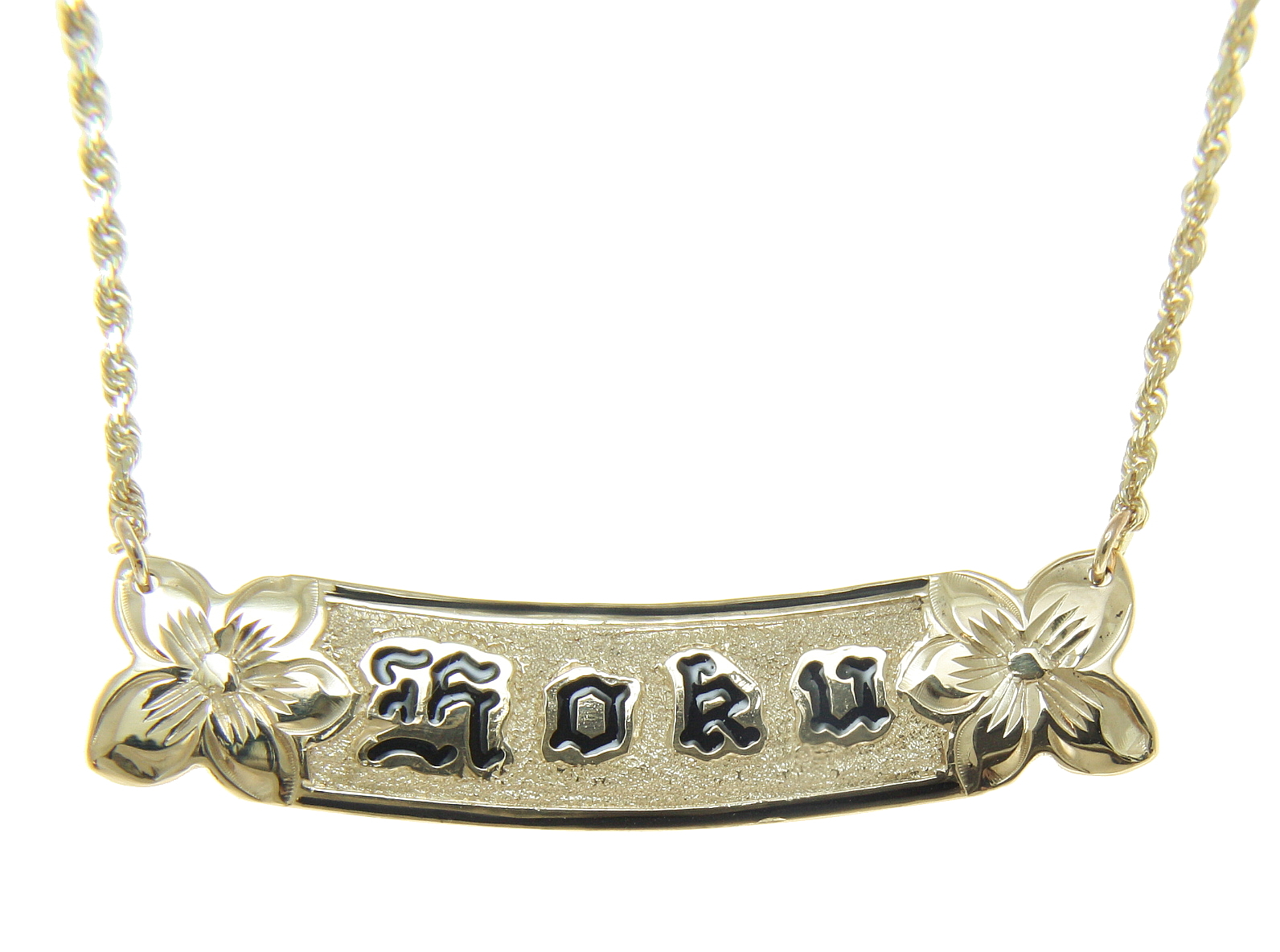 14K YELLOW GOLD PERSONALIZED HAWAIIAN 10MM BLACK ENAMEL RAISED LETTER NECKLACE